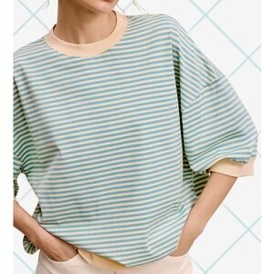 La Miel Blue Striped Crew Neck Oversized 3/4 Sleeve Top Small